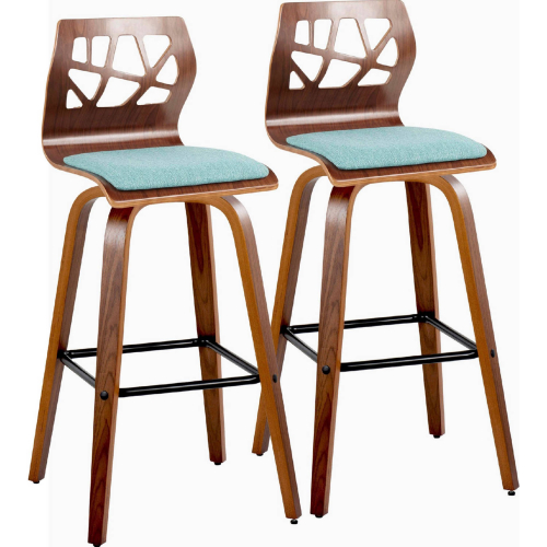 Folia 30" Swivel Bar Stool in Walnut Wood & Teal Fabric w/ Black Footrest (Set of 2)